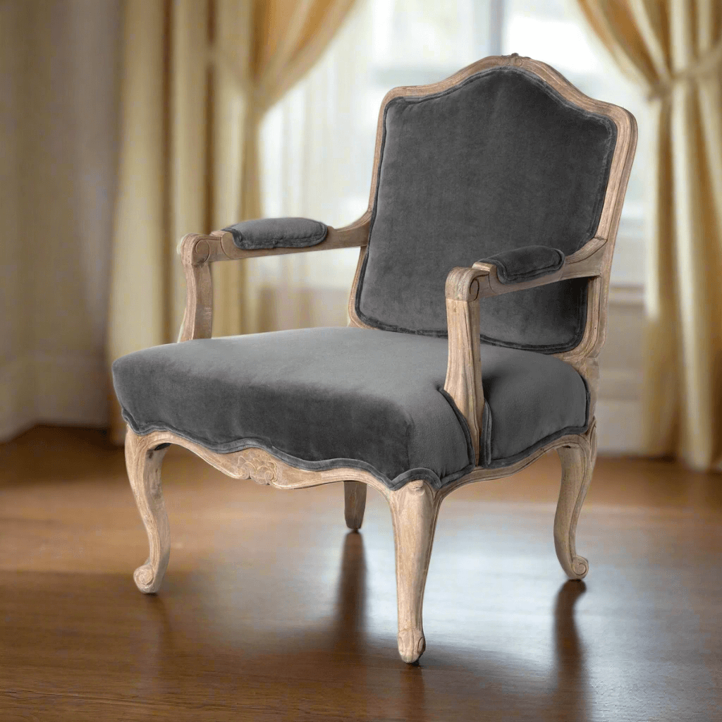 French Country Velvet Armchair with Carved Wood Frame-Chair-Parc Decor