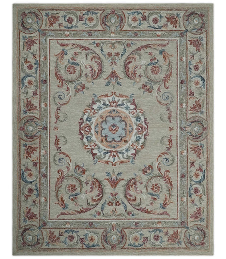 French Inspired Aubusson design Custom Made Beige, Brown and Blue Hand Tufted wool Area Rug