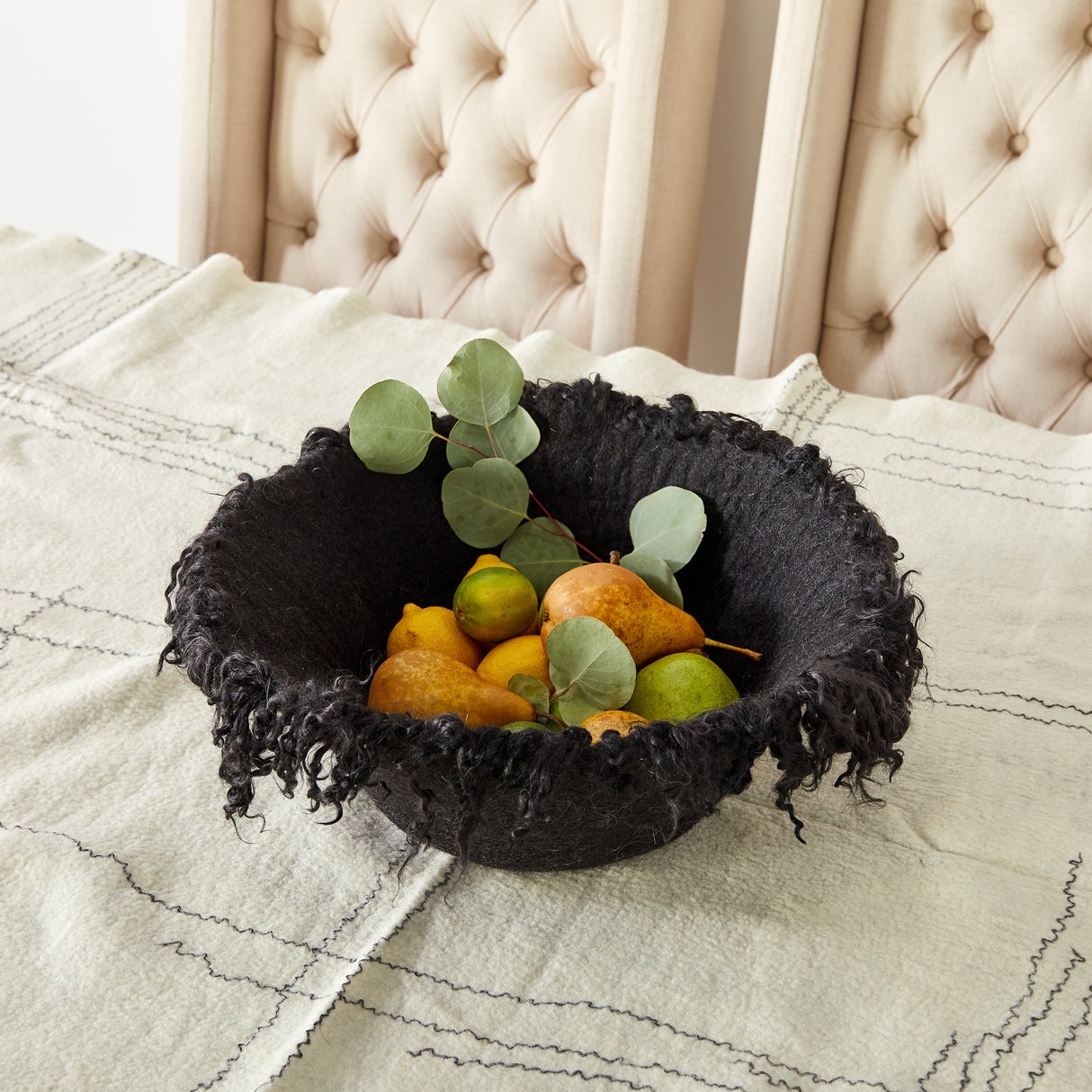 Fringed Skirt Black Decorative Karakul Wool and Mohair Bowl-Baskets-Parc Decor