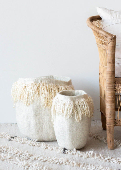 Fringed Skirt Mohair Decorative Wool Basket-Baskets & Vessels-Parc Decor