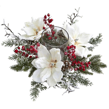 Frosted Magnolia & Berry Artificial Arrangement Candelabrum-Candelabrum-Parc Decor