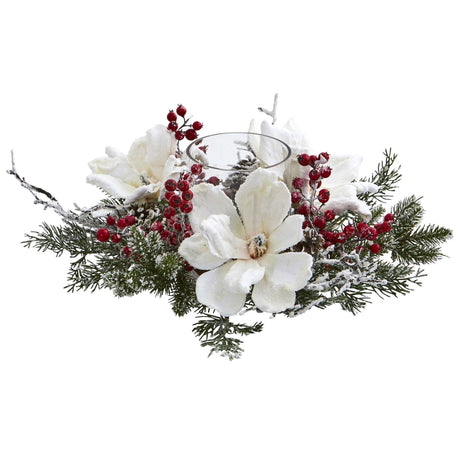 Frosted Magnolia & Berry Artificial Arrangement Candelabrum-Candelabrum-Parc Decor