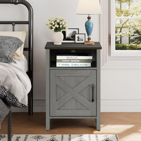 Furniture of America Farmhouse Grey 16-inch Side Table with Barn Door and Open Shelf-边桌-Parc Decor