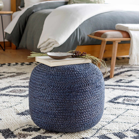 Gail Navy Jute Knitted Pouf-Poufs-Parc Decor