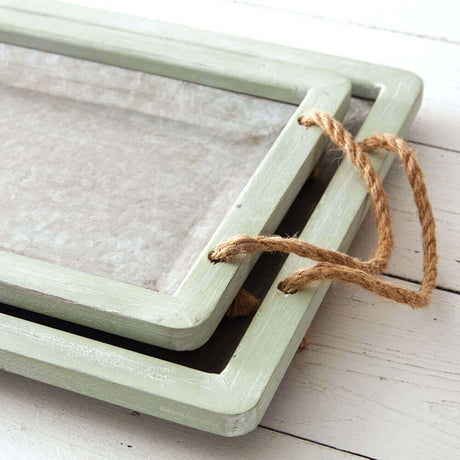 Galvanized Metal Serving Trays with Rope Handles (Set of 2)-Kitchen-Parc Decor