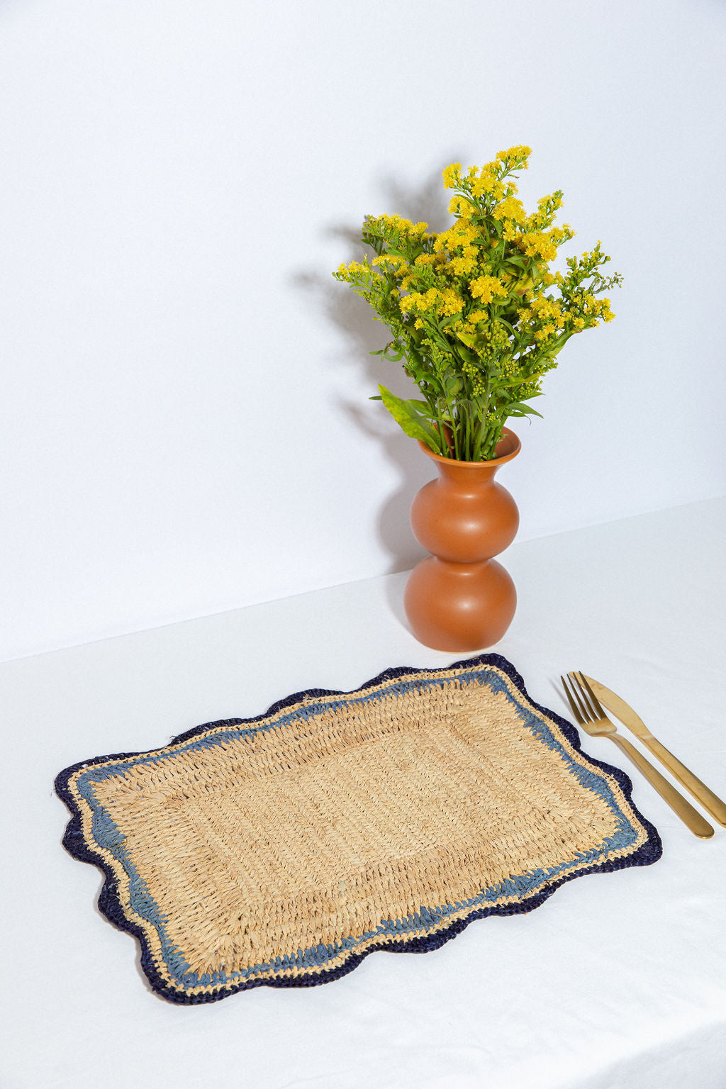 Garden Party placemats with Blue Edges, Handmade Woven Rectangular Table Mats, Natural raffia boho Placemat for Dining Table-table tops-Parc Decor