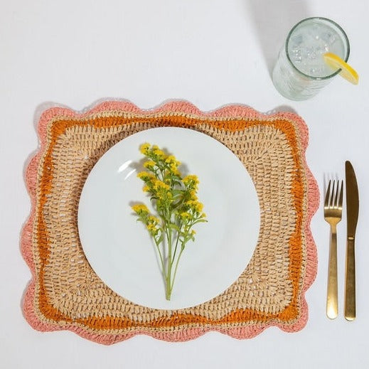 Garden Party placemats with Pink and Orange Edges, Hand Woven Rectangular Table Mat-table tops-Parc Decor