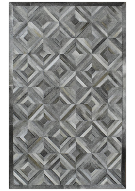 Genuine Leather Geometrical Design Handmade Silver and Gray Area Rug
