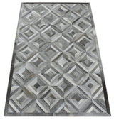 Genuine Leather Geometrical Design Handmade Silver and Gray Area Rug