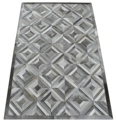 Genuine Leather Geometrical Design Handmade Silver and Gray Area Rug