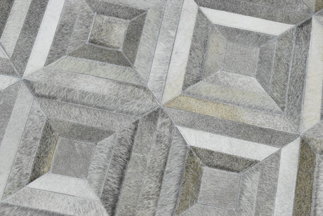 Genuine Leather Geometrical Design Handmade Silver and Gray Area Rug