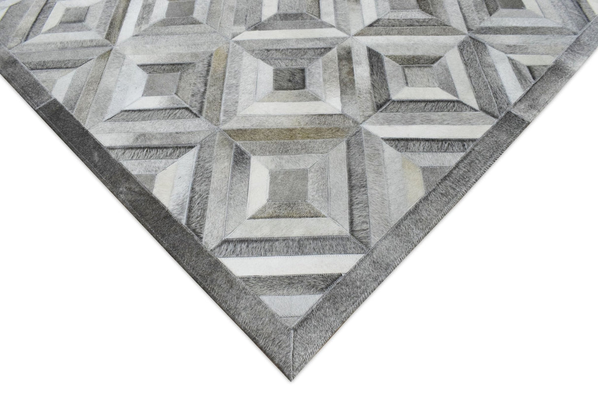 Genuine Leather Geometrical Design Handmade Silver and Gray Area Rug
