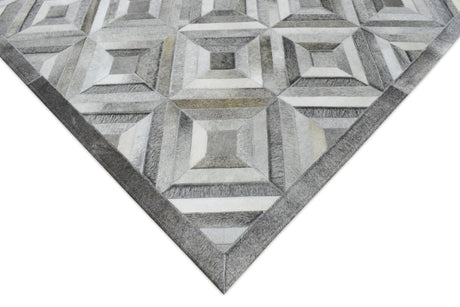Genuine Leather Geometrical Design Handmade Silver and Gray Area Rug