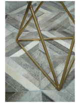 Genuine Leather Geometrical Design Handmade Silver and Gray Area Rug
