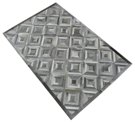 Genuine Leather Geometrical Design Handmade Silver and Gray Area Rug