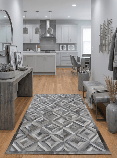 Genuine Leather Geometrical Design Handmade Silver and Gray Area Rug