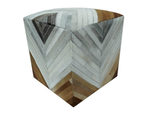 Genuine Leather Pouf Gray and Brown Modern Stripes Design