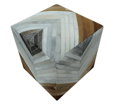 Genuine Leather Pouf Gray and Brown Modern Stripes Design