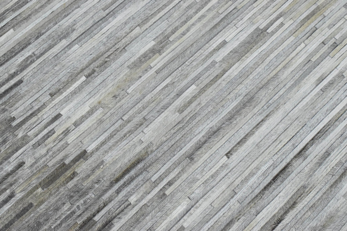 Genuine Leather Stripe Design Handmade Gray and Silver 5x8 Area Rug