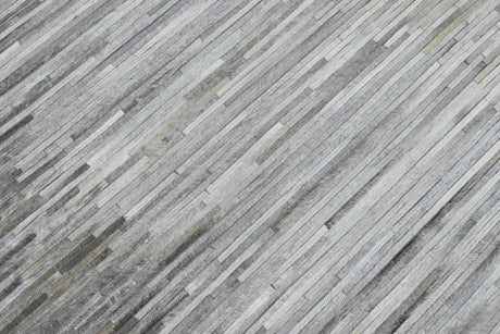 Genuine Leather Stripe Design Handmade Gray and Silver 5x8 Area Rug