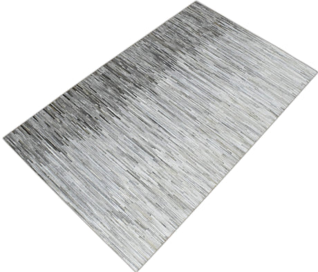 Genuine Leather Stripe Design Handmade Gray and Silver 5x8 Area Rug