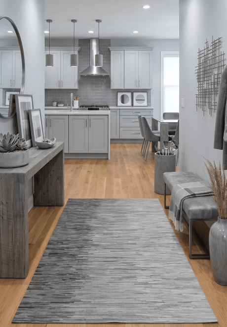 Genuine Leather Stripe Design Handmade Gray and Silver 5x8 Area Rug