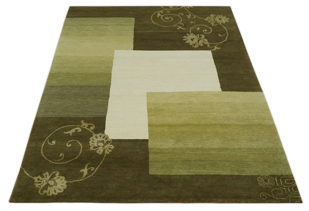 Geometrical Olive and Ivory Floral design Hand knotted 6x8 wool and Art Silk Area Rug-Area Rug-Parc Decor