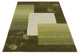 Geometrical Olive and Ivory Floral design Hand knotted 6x8 wool and Art Silk Area Rug-Area Rug-Parc Decor