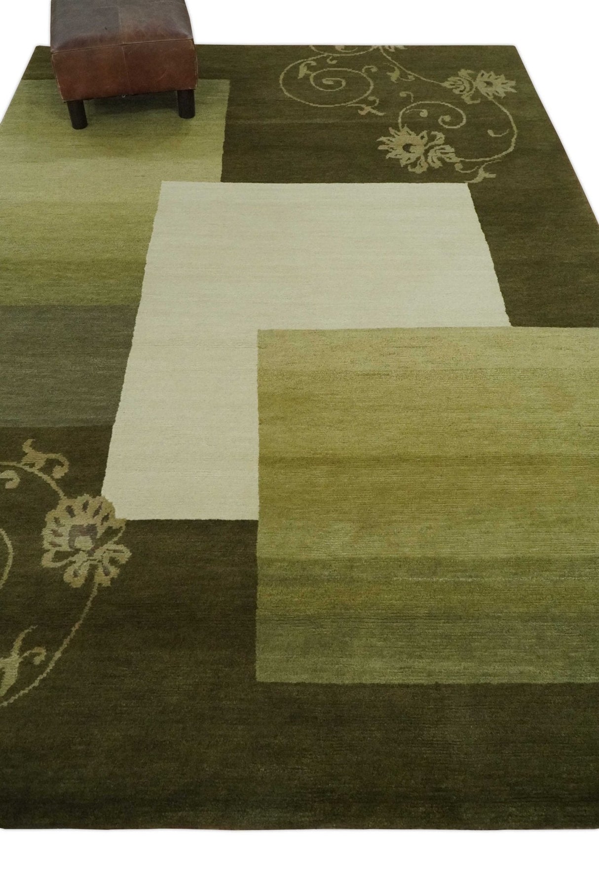 Geometrical Olive and Ivory Floral design Hand knotted 6x8 wool and Art Silk Area Rug-Area Rug-Parc Decor