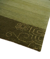 Geometrical Olive and Ivory Floral design Hand knotted 6x8 wool and Art Silk Area Rug-Area Rug-Parc Decor