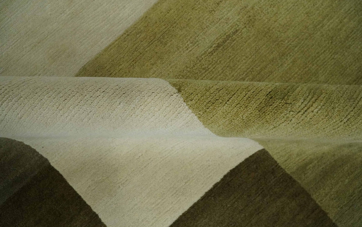 Geometrical Olive and Ivory Floral design Hand knotted 6x8 wool and Art Silk Area Rug-Area Rug-Parc Decor
