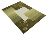 Geometrical Olive and Ivory Floral design Hand knotted 6x8 wool and Art Silk Area Rug-Area Rug-Parc Decor