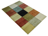 Geometrical Square Shape Black, Olive, Rust and Silver Stripes 5x8 wool and Art Silk rug-Area Rug-Parc Decor