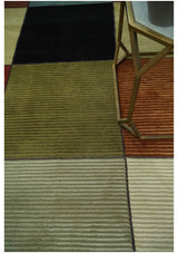 Geometrical Square Shape Black, Olive, Rust and Silver Stripes 5x8 wool and Art Silk rug-Area Rug-Parc Decor