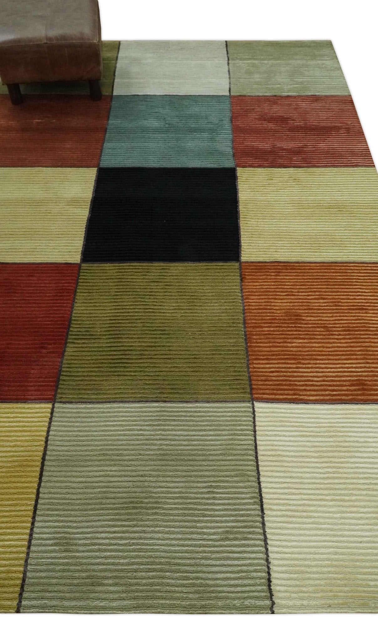 Geometrical Square Shape Black, Olive, Rust and Silver Stripes 5x8 wool and Art Silk rug-Area Rug-Parc Decor