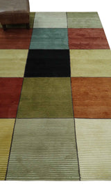 Geometrical Square Shape Black, Olive, Rust and Silver Stripes 5x8 wool and Art Silk rug-Area Rug-Parc Decor
