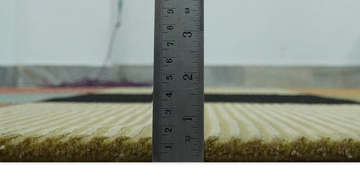 Geometrical Square Shape Black, Olive, Rust and Silver Stripes 5x8 wool and Art Silk rug-Area Rug-Parc Decor