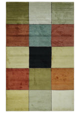 Geometrical Square Shape Black, Olive, Rust and Silver Stripes 5x8 wool and Art Silk rug-Area Rug-Parc Decor