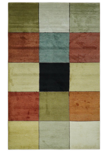 Geometrical Square Shape Black, Olive, Rust and Silver Stripes 5x8 wool and Art Silk rug-Area Rug-Parc Decor