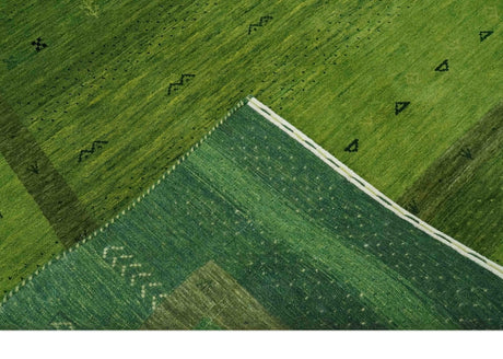 Geometrical Stripes Design Green Hand loom Multi Size wool Area Rug