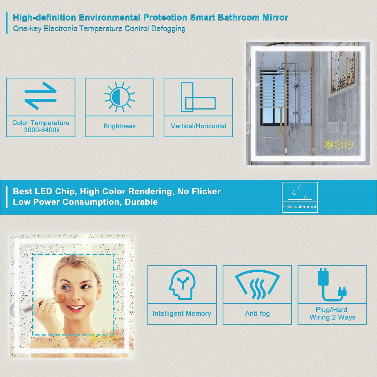 GlareGuard Anti-Fog Bathroom Led Mirror Backlit Illuminated Mirror Touch Switch Dimmable-镜子-Parc Decor