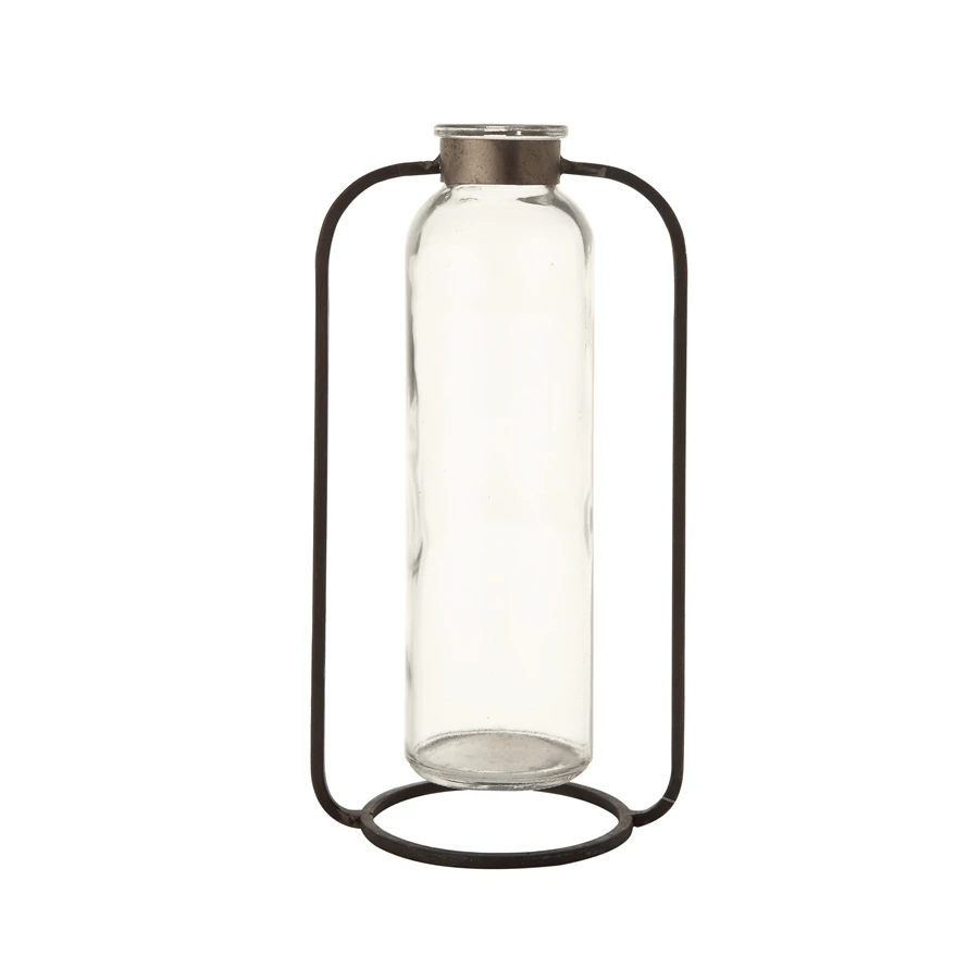 Glass Bud Vase in Metal Stand-Vases and Jars-Parc Decor