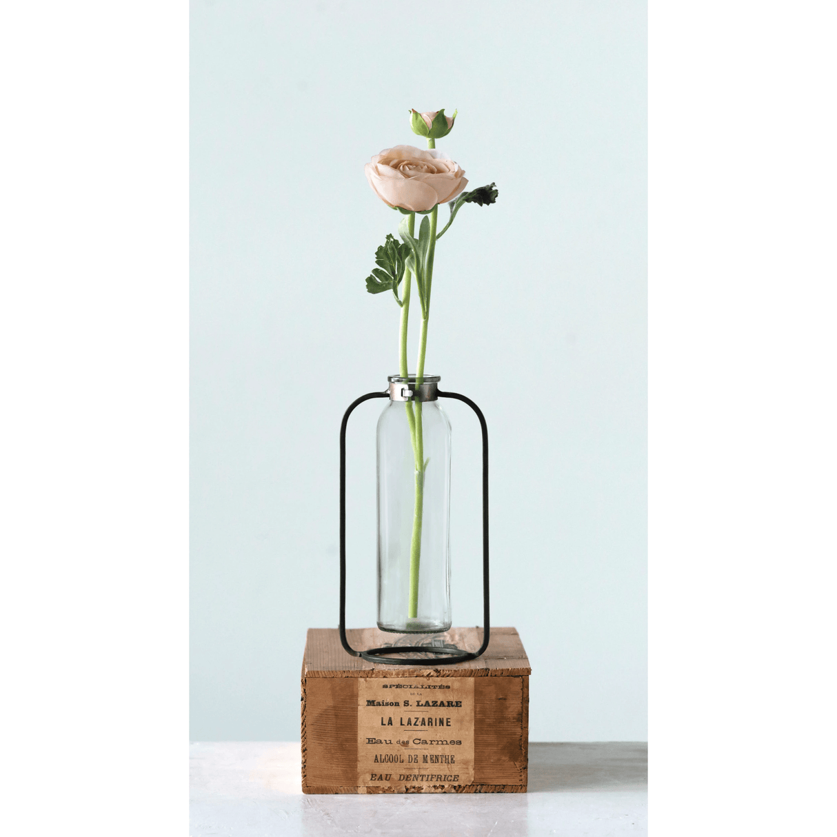 Glass Bud Vase in Metal Stand-Vases and Jars-Parc Decor