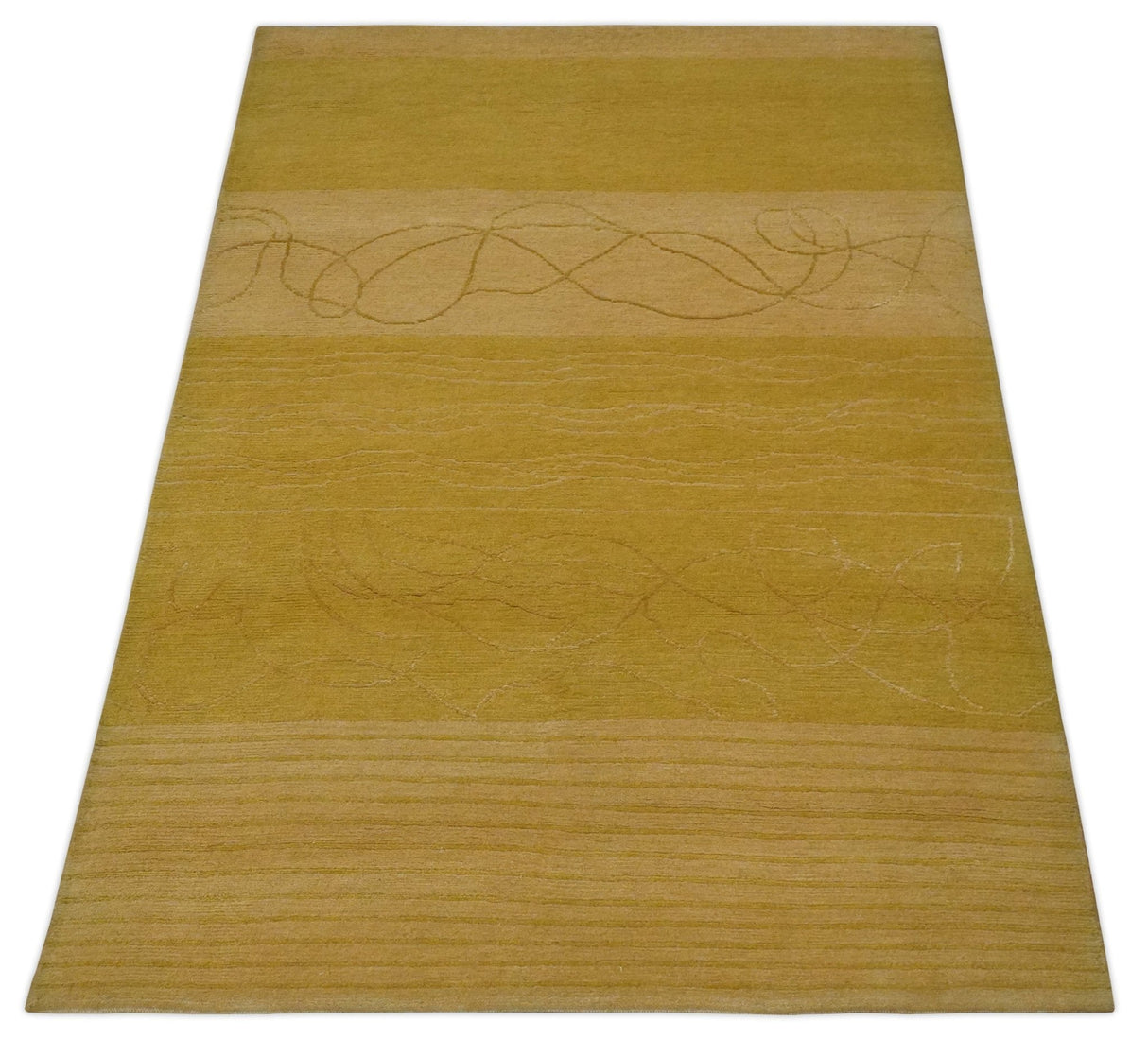 Gold and Brown Hand knotted Stripes 4x6 wool and Art Silk area Rug-Area Rug-Parc Decor