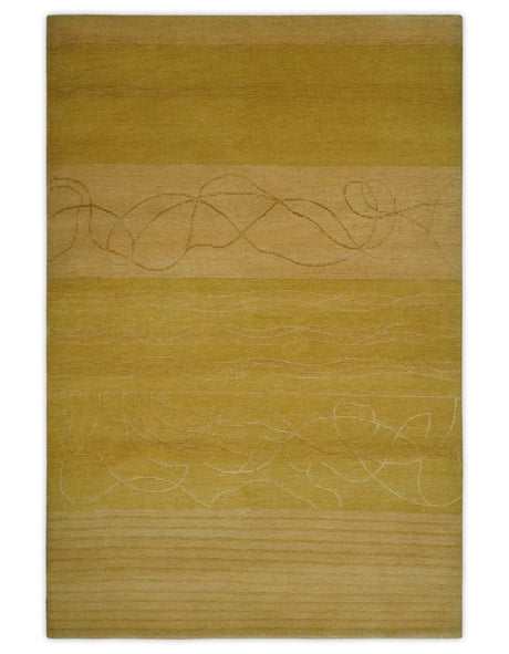 Gold and Brown Hand knotted Stripes 4x6 wool and Art Silk area Rug-Area Rug-Parc Decor