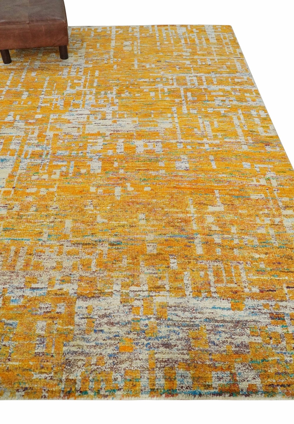 Gold and Ivory Modern Abstract 5x8 Recycled Art Silk Area Rug