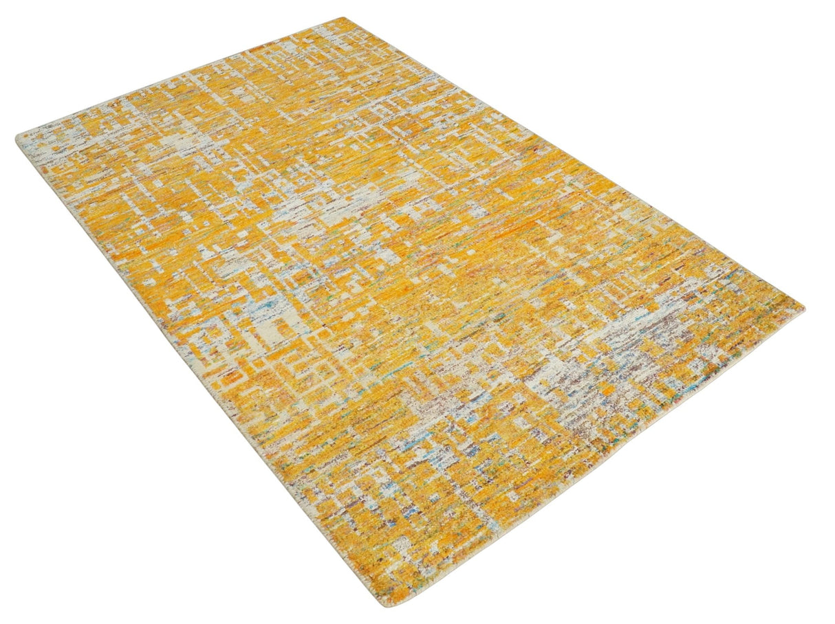 Gold and Ivory Modern Abstract 5x8 Recycled Art Silk Area Rug-Area Rug-Parc Decor