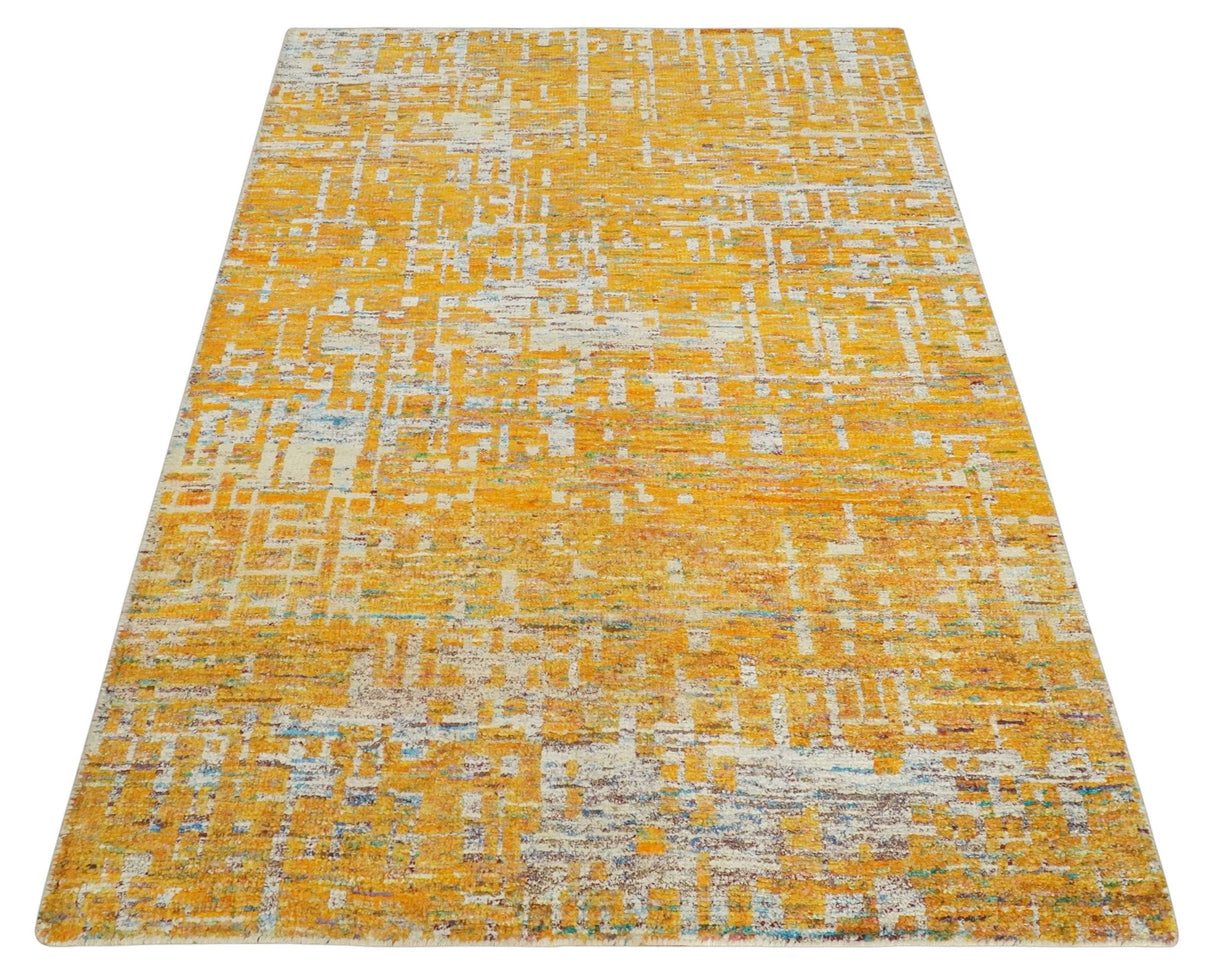 Gold and Ivory Modern Abstract 5x8 Recycled Art Silk Area Rug-Area Rug-Parc Decor