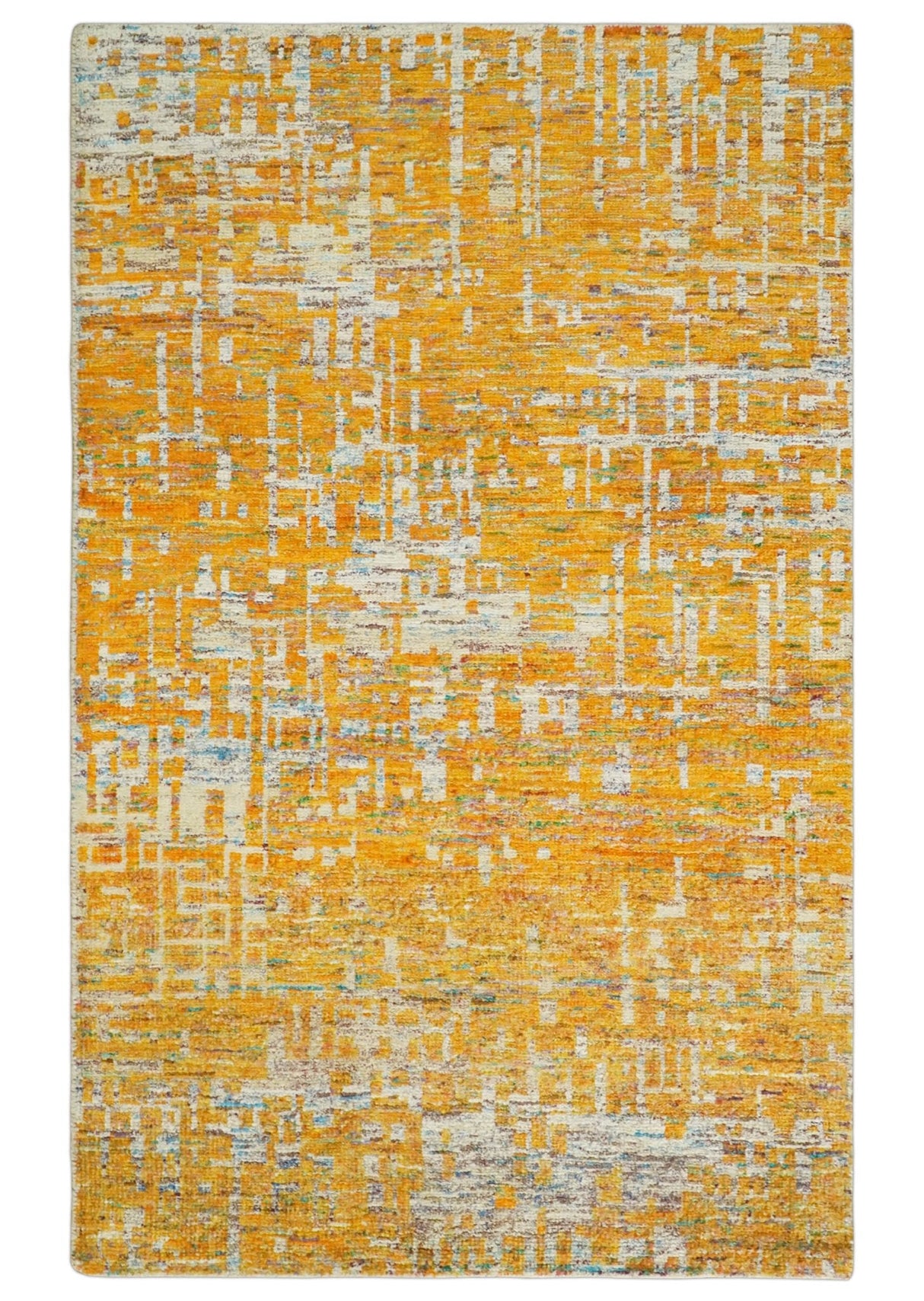 Gold and Ivory Modern Abstract 5x8 Recycled Art Silk Area Rug-Area Rug-Parc Decor