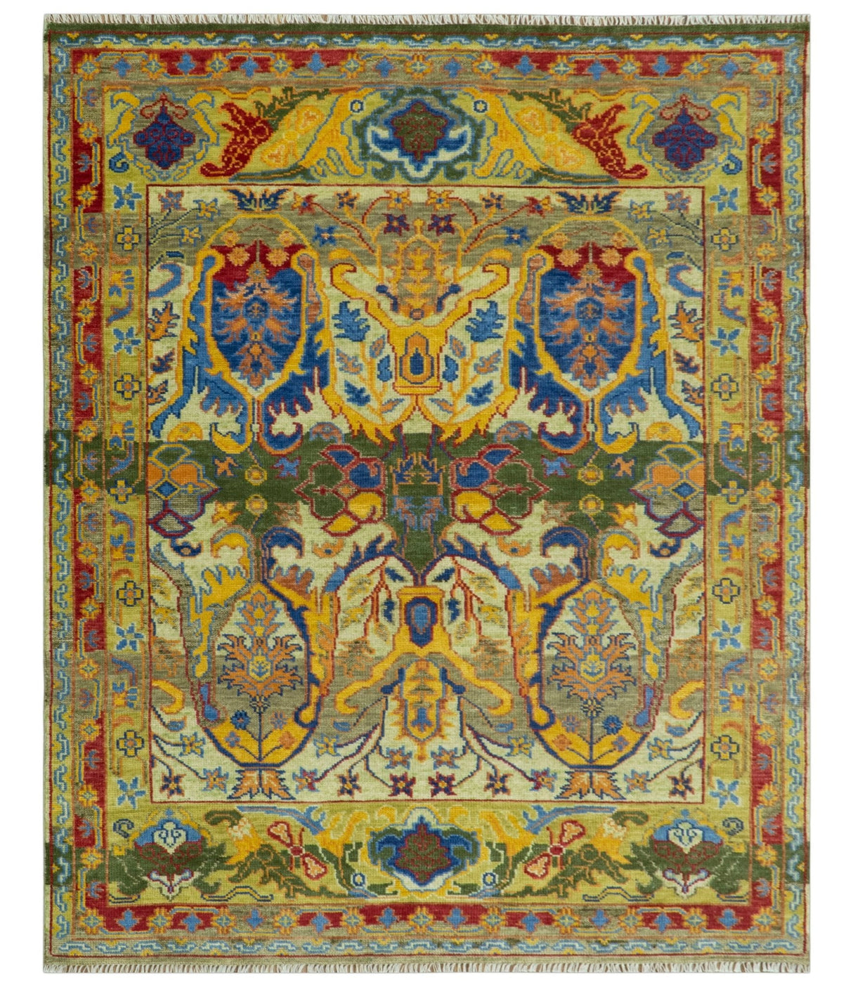 Gold, Blue And Green Transitional Hand Knotted Custom Made wool area rug